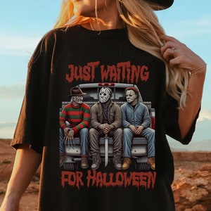 Horror Movie Character Halloween Comfort Colors Shirt, Waiting For Halloween, Vintage Gore Horror Lover Gift, Retro Spooky Season T-Shirt