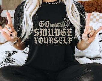 Camicia con atmosfera da strega, vai a sbavare te stesso, spirituale divertente, mistico retrò, maglietta yoga da meditazione, t-shirt amante dei cristalli, spiritualità, bastoncino di salvia