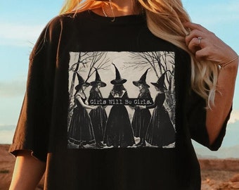 Vintage Girls Will Be Girls Witch Comfort Colors T-shirt, zabawna feministyczna koszulka czarownicy, retro Halloween, koszulka Coven, modna damska koszulka Spooky