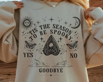 Sudadera de temporada espeluznante, sudadera retro de Halloween para mujer, ambiente místico de bruja, fiesta de truco o trato de moda, ouija gótica vintage para Halloween