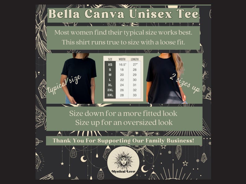 K&ouml;nnte beinhalten: Bella Canva Unisex Tee Grafik mit Gr&ouml;&szlig;entabelle. Die Tabelle zeigt die Breite und L&auml;nge in Zoll f&uuml;r die Gr&ouml;&szlig;en XS bis 3XL. Der Text lautet: "Die meisten Frauen finden, dass ihre &uuml;bliche Gr&ouml;&szlig;e am besten passt. Dieses Shirt f&auml;llt gr&ouml;&szlig;engetreu aus und hat eine lockere Passform."