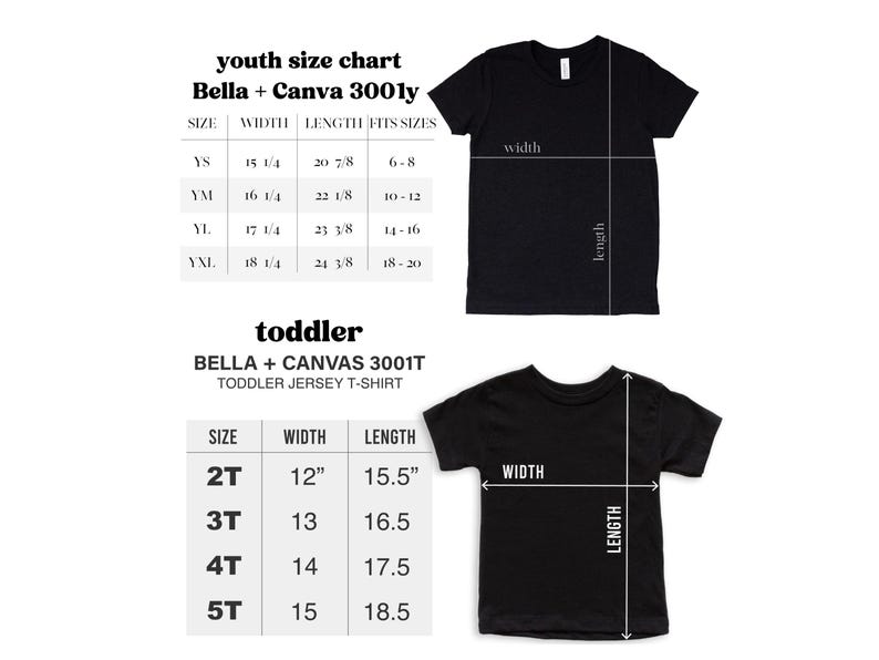 以下が含まれることがあります： Bella + Canvas 3001Y ユースと幼児用Tシャツのサイズチャート。チャートは、各サイズの長さと幅の寸法をインチで示しています。ユースサイズはYS、YM、YI、YXLです。幼児サイズは2T、3T、4T、5Tです。