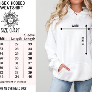 May include: White unisex hooded sweatshirt with a size chart. The chart shows measurements in inches for width, length, and sleeve length, ranging from size S to 5XL. The text "SIZE UP FOR AN OVERSIZED LOOK" is also visible.