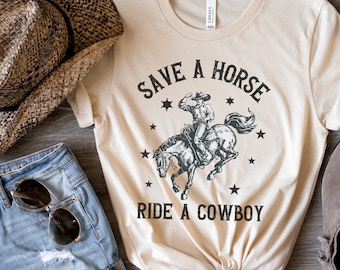 Save A Horse Ride A Cowboy Shirt, Retro Western Rodeo T-Shirt, Cowboy Pillows Country Music Lover, Cowgirl Aesthetic, Vintage Summer Vibe