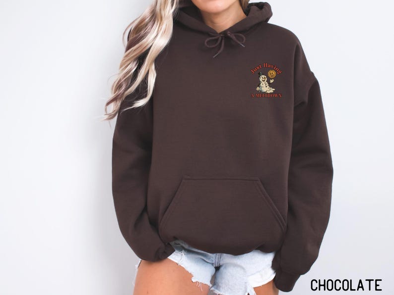 May include: Chocolate brown hoodie with a front pocket and drawstring hood. The upper left chest features a graphic of a snowman holding a pumpkin and the text "Just Having A Meltdown".