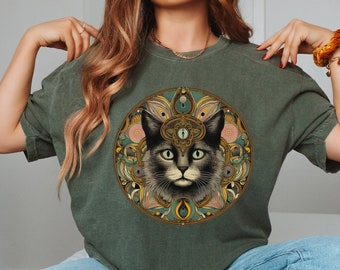 Mysticism Cat Comfort Colors T-Shirt, Mystical Cat Shirt, Celestial Kitten Gift, Magic Cat Tee, Magical Kitty, Witchy Present For Cat Lover