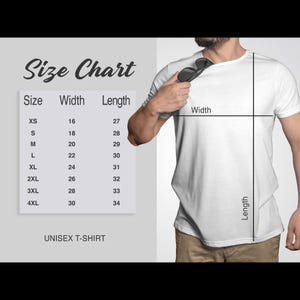 K&ouml;nnte beinhalten: Gr&ouml;&szlig;entabelle f&uuml;r ein Unisex-T-Shirt mit Ma&szlig;en in Zoll f&uuml;r Breite und L&auml;nge. Die Gr&ouml;&szlig;en umfassen XS, S, M, L, XL, 2XL, 3XL und 4XL.