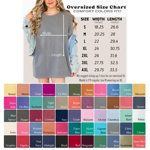 Op de afbeelding: Oversized maattabel voor kleding in inches. De tabel toont breedte- en lengtemaat voor maten S tot en met 4XL. De tabel is gelabeld "Comfort Colors 1717".