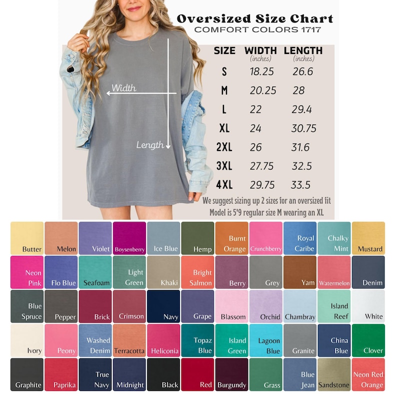 Op de afbeelding: Oversized maattabel voor kleding in inches. De tabel toont breedte- en lengtemaat voor maten S tot en met 4XL. De tabel is gelabeld "Comfort Colors 1717".