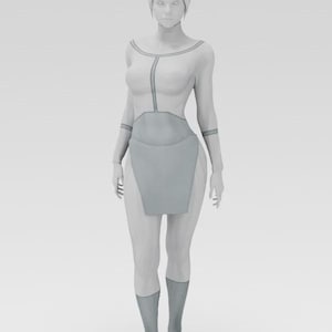 May include: A light gray, form-fitting outfit with a high neckline, long sleeves, and a skirt-like panel. The outfit features darker gray accents along the neckline, bodice, and sleeves. The model is wearing matching gray boots. The overall design is futuristic.