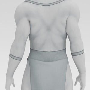 Puede incluir: Prenda gris claro con cuello halter y cinturilla ancha. La prenda tiene una falda larga y fluida y brazaletes. El dise&ntilde;o presenta ribetes gris oscuro a lo largo de los bordes del escote, la cintura y los brazaletes.