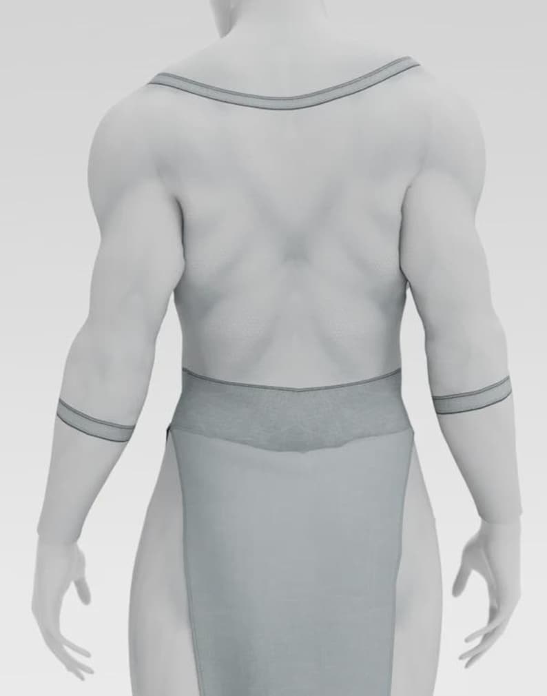 Puede incluir: Prenda gris claro con cuello halter y cinturilla ancha. La prenda tiene una falda larga y fluida y brazaletes. El dise&ntilde;o presenta ribetes gris oscuro a lo largo de los bordes del escote, la cintura y los brazaletes.