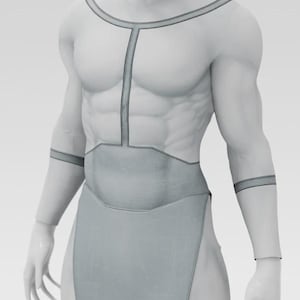 Puede incluir: Prenda gris claro con dise&ntilde;o geom&eacute;trico, cuello alto y falda con abertura. El dise&ntilde;o incluye ribetes grises que delinean el pecho, los hombros y los brazos. La prenda se muestra en un maniqu&iacute;.