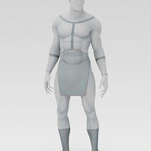 Puede incluir: Representaci&oacute;n de cuerpo entero de un maniqu&iacute; con un disfraz gris claro. El disfraz incluye una parte superior con l&iacute;neas geom&eacute;tricas, brazaletes, una parte inferior tipo falda y cubiertas para las piernas. El maniqu&iacute; est&aacute; sobre un fondo blanco liso.
