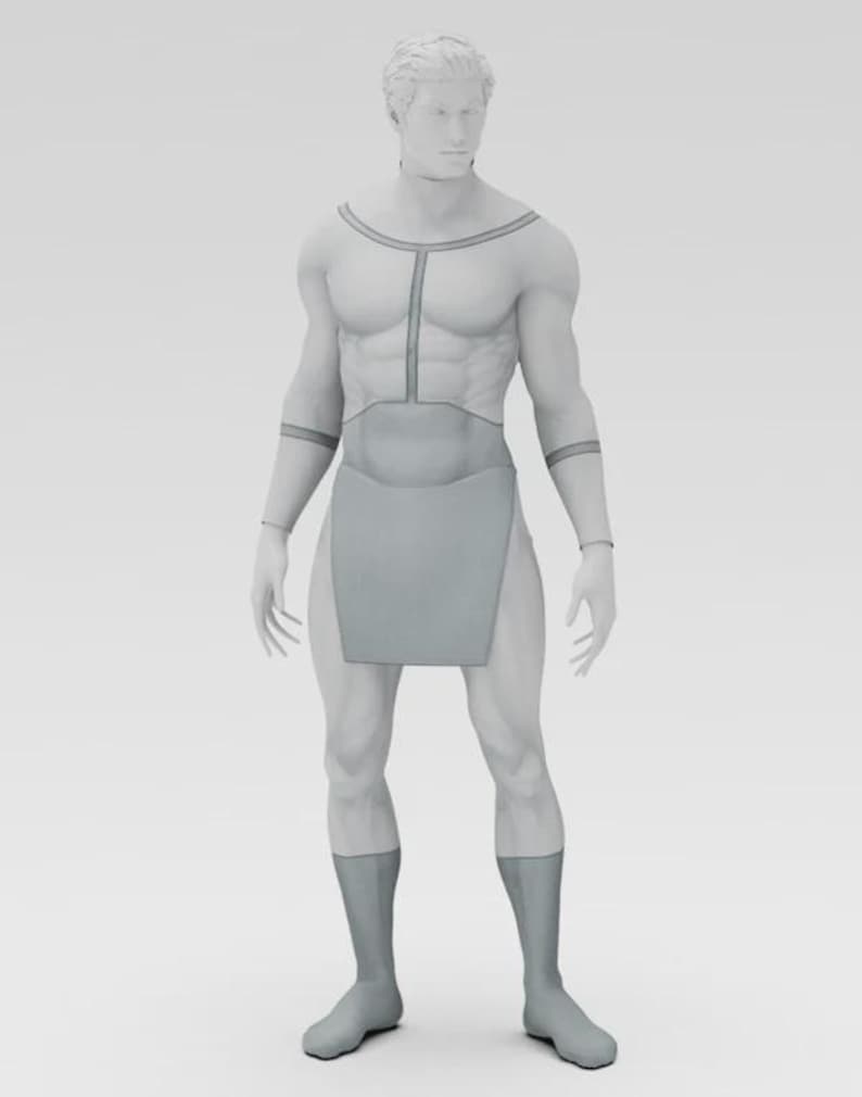 Puede incluir: Representaci&oacute;n de cuerpo entero de un maniqu&iacute; con un disfraz gris claro. El disfraz incluye una parte superior con l&iacute;neas geom&eacute;tricas, brazaletes, una parte inferior tipo falda y cubiertas para las piernas. El maniqu&iacute; est&aacute; sobre un fondo blanco liso.