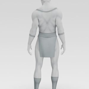 Puede incluir: Una figura gris estilizada vista desde atr&aacute;s, con una t&uacute;nica y calcetines. La figura tiene una constituci&oacute;n muscular y pelo corto. La t&uacute;nica es de forma rectangular simple, y los calcetines llegan a la mitad de la pantorrilla.