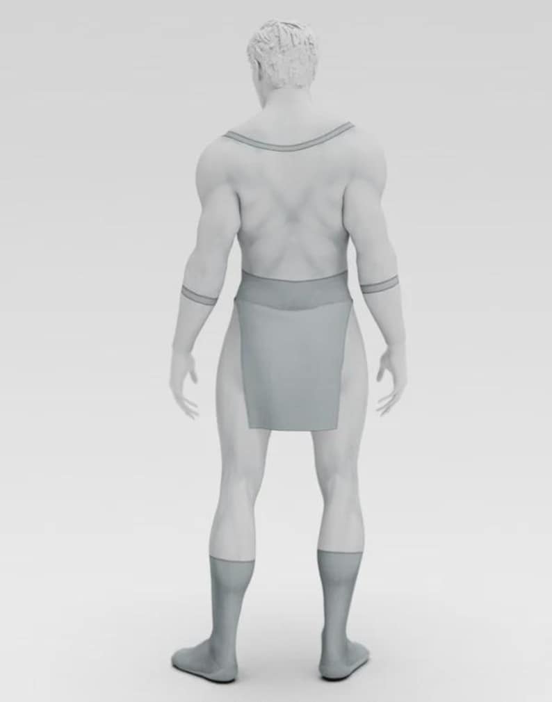 Puede incluir: Una figura gris estilizada vista desde atr&aacute;s, con una t&uacute;nica y calcetines. La figura tiene una constituci&oacute;n muscular y pelo corto. La t&uacute;nica es de forma rectangular simple, y los calcetines llegan a la mitad de la pantorrilla.