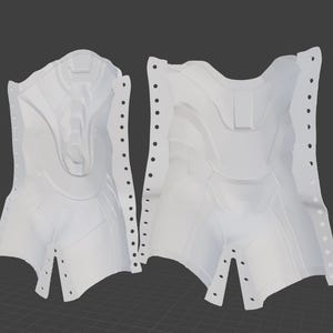 May include: Two white, molded plastic forms, possibly for armor or a costume. Each piece has a complex, sculpted design with raised ridges and recessed areas. The edges are lined with evenly spaced holes, suggesting attachment points. The forms are displayed against a dark background.