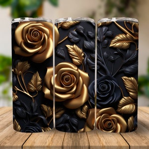 3D Black and Gold Roses 20 oz Skinny Tumbler Sublimation Design, Instant Digital Download PNG, Straight Tumbler Wrap, 3D Tumbler Design