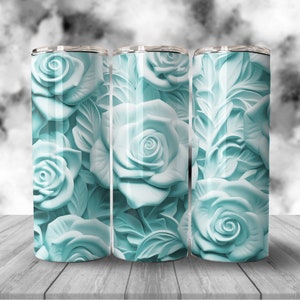 3D Teal Roses 20 oz Skinny Tumbler Sublimation Design, Instant Digital Download PNG, Straight Tumbler Wrap, Teal Tumbler Wrap