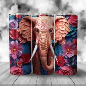 3D Floral Elephant Tumbler Wrap | 20 oz Skinny Tumbler | 20oz Sublimation Tumbler | PNG Straight Skinny Tumbler | Sublimation Design