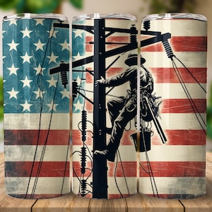 Vintage Patriotic Lineman 20oz Straight Tumbler Sublimation Design Digital Download PNG, Skinny Tumbler Design Digital, Lineman Tumbler Wrap