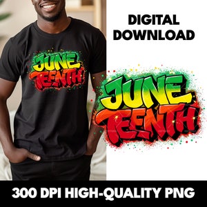May include: A digital download of a graphic design featuring the words "Juneteenth" in a graffiti style with red, yellow, and green colors. The design is set against a white background with green, red, and yellow splatters.