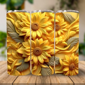 3D gelbe Sonnenblume Floral 20 oz Skinny Becher Sublimation Design, sofortiger digitaler Download PNG, gerader Becher Wrap, Blume Tumbler Wrap