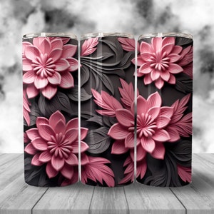 3D Black and Pink Flowers 20 oz Skinny Tumbler Sublimation Design, Instant Digital Download PNG, Straight Tumbler Wrap, Flower Tumbler Wrap