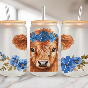 Floral Highland Cow 16oz glass can sublimation design, Glass can wrap Digital Download PNG, 16 oz Design Instant PNG, Woman Glass can wrap