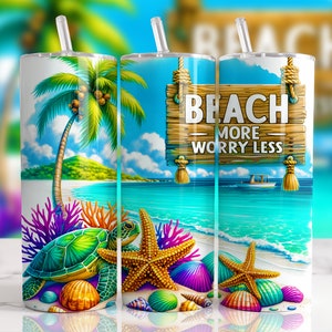 Beach More Worry Less 20oz Straight Tumbler Sublimation Design Digital Download PNG, Skinny Tumbler Design Digital Only, Summer Tumbler Wrap