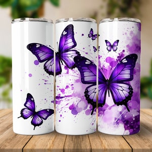 Purple Butterfly Splash 20 oz Diseño de sublimación de vaso recto Descarga digital PNG, Diseño de vaso delgado solo digital, Envoltura de mariposa