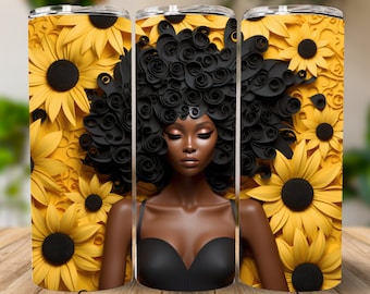 3D Black Woman Sunflower 20 oz Skinny Tumbler Sublimation Design, Instant Digital Download PNG, Straight Tumbler Wrap, 3D Tumbler Design