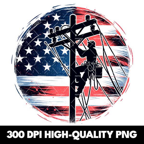 Patriotischer Lineman PNG, Lineman Clipart Shirt Sublimationsdesign, Download PNG Instant Digital Nur, DTF PNG-Datei, Lineman Tshirt Design