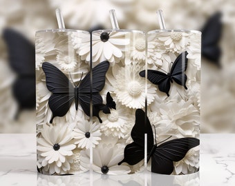 3D Black Butterfly flowers 20 oz Skinny Tumbler Sublimation Design, Instant Digital Download, Straight Tumbler Wrap, Seamless Tumbler Design