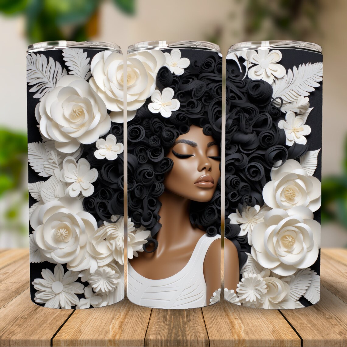 3D White Flowers Black Woman 20 Oz Skinny Tumbler Sublimation Etsy