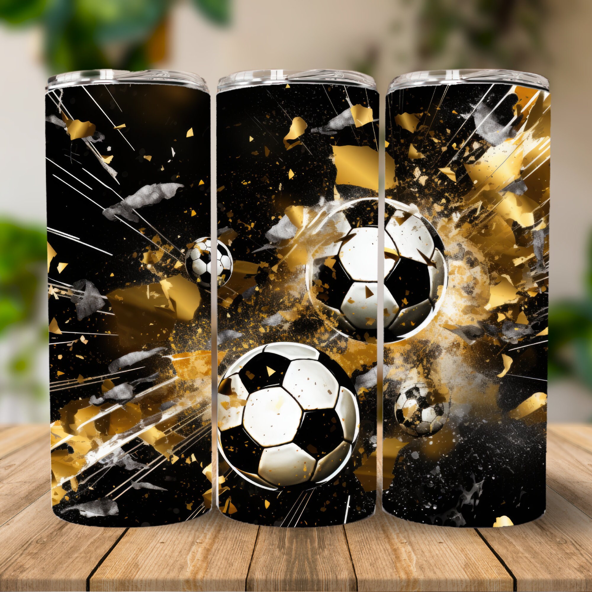 Black and Gold Soccer Ball 20 oz Skinny Tumbler Sublimation Design, Instant Digital Download PNG, Straight Tumbler Wrap, Futbol Tumbler png