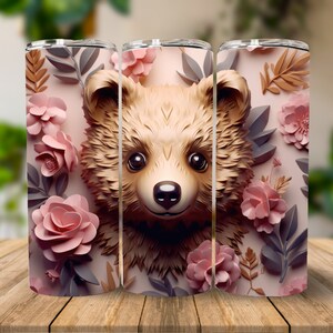 3D Cute Floral Bear 20 oz Skinny Tumbler Sublimation Design, Instant Digital Download PNG, Straight Tumbler Wrap, Bear Tumbler Wrap