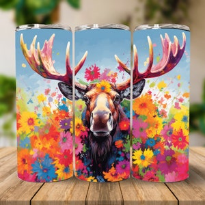 Floral Moose Tumbler Wrap | 20 oz Skinny Tumbler | 20oz Sublimation Tumbler | PNG Straight Skinny Tumbler | Sublimation Design | Moose png