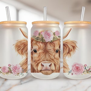 Floral Highland Cow 16oz glass can sublimation design, Glass can wrap Digital Download PNG, 16 oz Design Instant PNG, Woman Glass can wrap