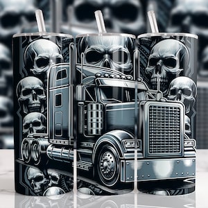 Semi Truck Skulls 20 oz Straight Tumbler Sublimation Design Digital Download PNG, Men Skinny Tumbler Design Digital Only, Semi Truck Tumbler