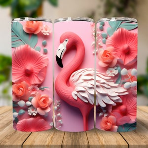 3D Pink Floral Flamingo 20 oz Skinny Tumbler Sublimation Design, Instant Digital Download PNG, Straight Tumbler Wrap, Flamingo Tumbler Wrap