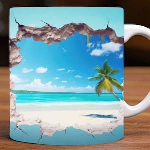 3D Broken Wall Beach Mug Wrap, 11oz and 15oz Mug Design Digital Download PNG, Mug Sublimation Design Digital Only, Beach Mug Design
