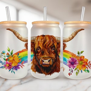 Floral Highland Cow 16oz glass can sublimation design, Glass can wrap Digital Download PNG, 16 oz Design Instant PNG, Woman Glass can wrap
