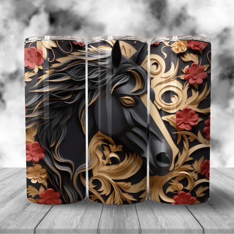 3D Black and Gold Horse Tumbler Wrap 20 Oz Skinny Tumbler Etsy