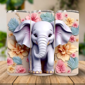 3D Cute Baby Elephant 20 oz Skinny Tumbler Sublimation Design, Instant Digital Download PNG, Straight Tumbler Wrap, Elephant Tumbler Wrap