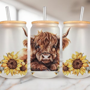 Floral Highland Cow 16oz glass can sublimation design, Glass can wrap Digital Download PNG, 16 oz Design Instant PNG, Woman Glass can wrap