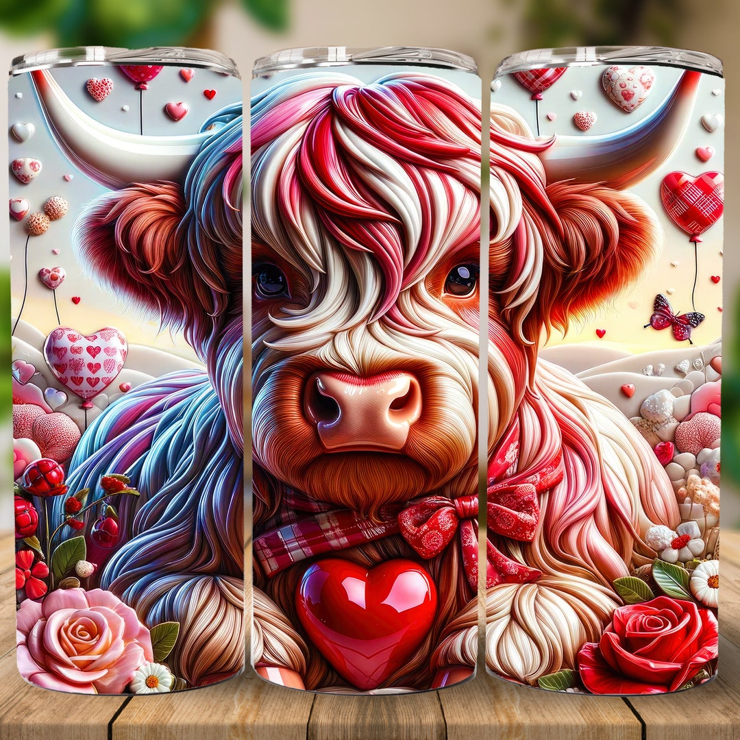 3D Highland Cow Valentine 20oz Straight Tumbler Sublimation Design ...