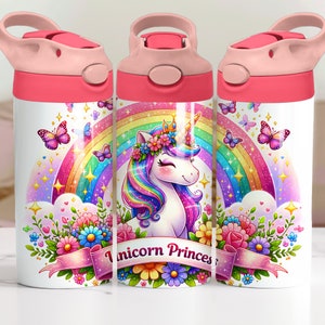 Unicorn Princess 12oz Kids Flip Top Sippy Cup Tumbler Wrap, 12oz Straight Tumbler Sublimation PNG, Rainbow Colorful Tumbler Wrap Design PNG