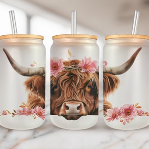 Floral Highland Cow 16oz glass can sublimation design, Glass can wrap Digital Download PNG, 16 oz Design Instant PNG, Woman Glass can wrap